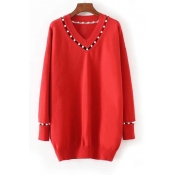 Chic Pearl Embellished Hollow Out V Neck Long Sleeve Plain Tunic Sweater