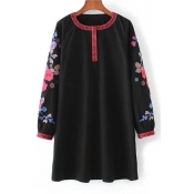 Chic Floral Embroidered Long Sleeve Round Neck Casual Mini Shift Dress