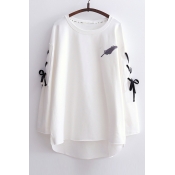 Feather Printed Chic Lace-Up Long Sleeve Round Neck Dipped Hem Sweatshirt