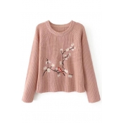 Chic Floral Bird Embroidered Round Neck Long Sleeve Pullover Sweater