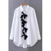 Women's Contrast Bow Detail Single Breasted Lapel Long Sleeve Shirt