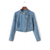 Stand-Up Collar Long Sleeve Simple Plain Zip Up Cropped Denim Jacket