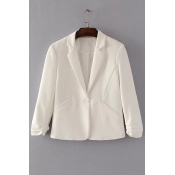 Basic Simple Plain Notched Lapel Collar Long Sleeve Blazer Coat with Single Button