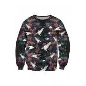 Floral Bird Printed Round Neck Long Sleeve Pullover Sweatshirt