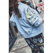 Fashion Single Breasted Long Sleeve Embroidery Floral Pattern Denim Jacket