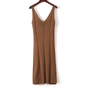 Sexy Sleeveless V-Neck Ruched Split Side Plain Midi Knitted Cami Dress