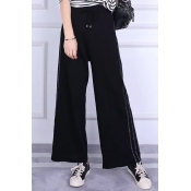 Chic Black Striped Sides Drawstring Waist Knitted Wide Leg Pants