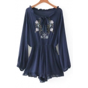 Casual Tied Round Neck Long Sleeve Embroidery Floral Pattern Rompers