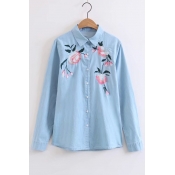 Fashion Embroidery Floral Pattern Lapel Single Breasted Denim Shirt