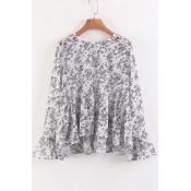 Round Neck Flared Long Sleeve Floral Printed Comfort Chiffon Pullover Blouse