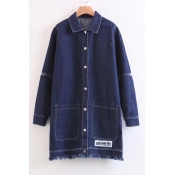 Simple Letter Embroidered Raw Edge Hem Long Sleeve Buttons Down Denim Coat