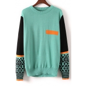 Color Block Long Sleeve Round Neck Pullover Sweater