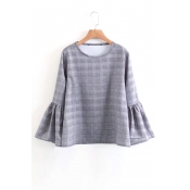 Chic Bell Long Sleeve Round Neck Plaid Blouse
