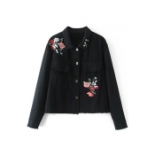 Embroidery Floral Pattern Lapel Single Breasted Black Denim Jacket