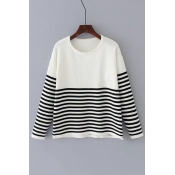 Classic Striped Pattern Basic Round Neck Long Sleeve Pullover Sweater