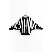 Color Block Striped Batwing Long Sleeve Round Neck Pullover Sweater