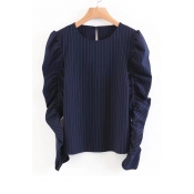 New Arrival Ruched Long Sleeve Round Neck Keyhole Back Striped Blouse