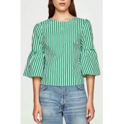 Women's Bell Half Sleeve Round Neck Beaded Striped Blouse