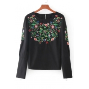 New Stylish Zip Embellished Long Sleeve Floral Embroidered Pullover Blouse
