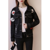 Fashion Color Block Patched Lapel Collar Long Sleeve Buttons Down Denim Jacket