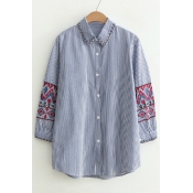 Tribal Print Embroidered Lapel Collar Long Sleeve Striped Buttons Down Shirt
