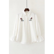 Chic Flared Cuff Long Sleeve Lapel Collar Floral Embroidered Buttons Down Shirt