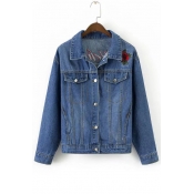 Fashion Floral Crane Embroidered Lapel Collar Long Sleeve Buttons Down Denim Jacket
