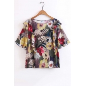 Summer's Floral Printed Round Neck Short Sleeve Chic Ruffle Hem Blouse