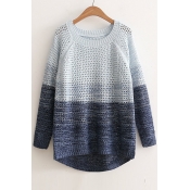 New Arrival Color Block Round Neck Long Sleeve Fashion Hollow Out Sweater