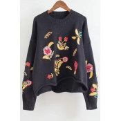 Fashion Floral Embroidered Dipped Hem Long Sleeve Round Neck Sweater