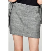 Women's Gray Plaid Mini A-Line Skirt with Two Pockets