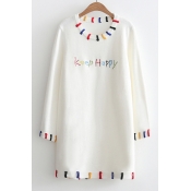 Embroidery Keep Happy Letter Pattern Round Neck Long Sleeve Tunic Pullover Sweater