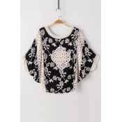 New Arrival Hollow Out Floral Pattern Batwing 3/4 Length Sleeve Blouse