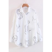 Chic Stick Figure Pattern Lapel Collar Long Sleeve Buttons Down Shirt with Single Pocket
