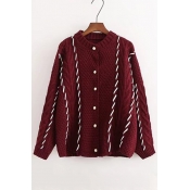 Retro Fashion Beaded Buttons Down Round Neck Long Sleeve Comfort Cardigan