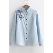 Fashion Floral Embroidered Shoulder Long Sleeve Buttons Down Chambray Shirt