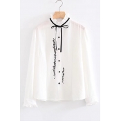 Tied High Neck Single Breasted Long Sleeve Embroidery Pattern Shirt