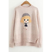 Lovely Cartoon Girl Embroidered Dipped Hem Long Sleeve Round Neck Sweater