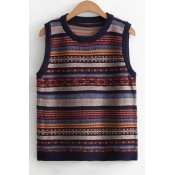 Chic Color Block Striped Printed Round Neck Sleeveless Vest Sweater