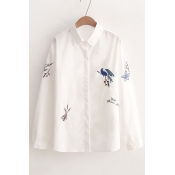 New Trendy Bird Embroidered Lapel Collar Long Sleeve Buttons Down Shirt