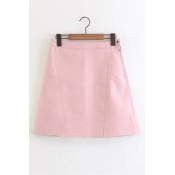 Basic Simple Plain Zip Up Side Mini A-line Leather Skirt