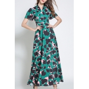 Retro Color Block Leopard Printed V Neck Short Sleeve Maxi A-Line Dress