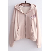 Chic Letter Embroidered Hooded Long Sleeve Zip Up Coat with Pockets