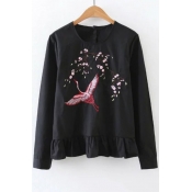 Embroidery Floral Pattern Round Neck Long Sleeve Single Breasted Back Blouse