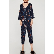 New Stylish V-Neck Single Breasted Floral Printed Long Sleeve Jumpsuits