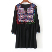 Chic Tribal Print Embroidered Pom Pom Hem Round Neck Mini Shift Dress