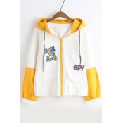 Letter Embroidered Chic Color Block Hooded Long Sleeve Zip Up Coat