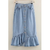 New Arrival Plain Fashion Buttons Down Ruffle Hem Midi Denim Asymmetrical Skirt