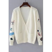 Chic Embroidery Pattern Long Sleeve V-Neck Single Breasted Cardigan