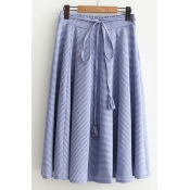 Elastic Waist Bow Tied Fashion Plaids Pattern Midi A-Line Skirt